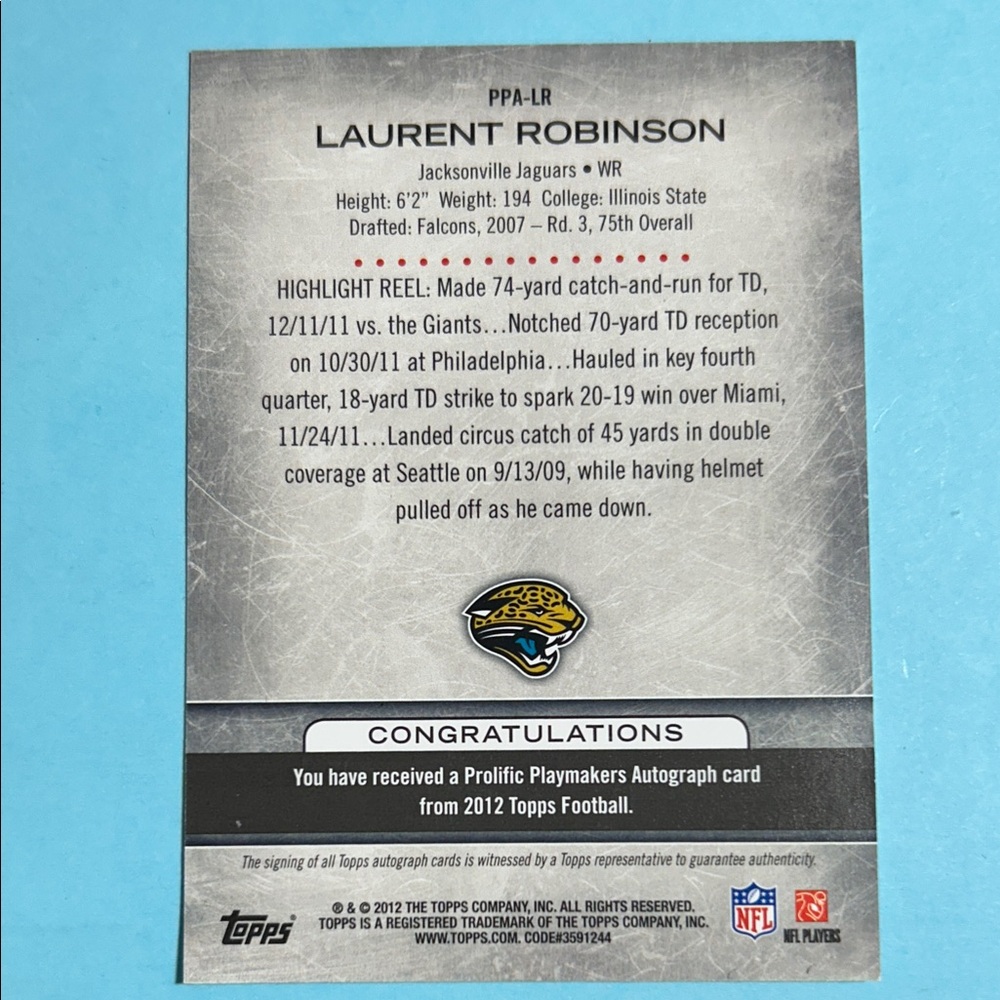 2012 Topps ,Jacksonville Jaguars ,Lauren Robinson Autograph Card #PPA-LR - Picture 2 of 2
